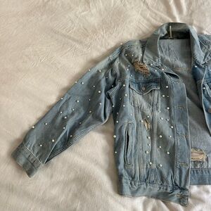Free people oversized denim jacket with pearls on the front size extra small